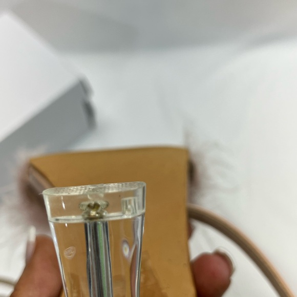 PINK FEATHERED HEELS WOMEN 7.5-8 39 PINK/BEIGE STRAPPY TRANSPARENT HEEL ELEGANT - Picture 11 of 14